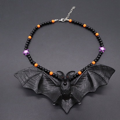 Акриловый кулон в виде летучей мыши на Хэллоуин, ожерелья из пластиковых круглых бусин, с конечными железными цепями, платина
