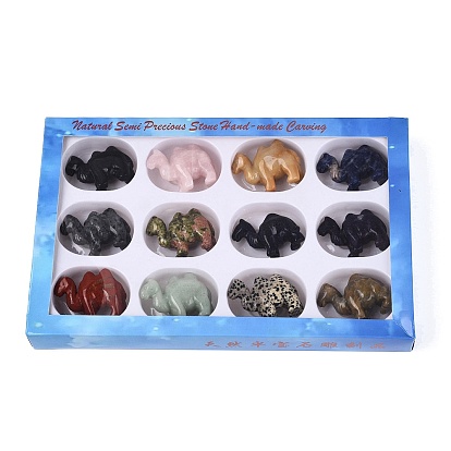 Natural & Synthetic Mixed Gemstone Camel Shape Figurines Set, Ornament for Home Office Desktop Decoration, with Paper Gift Box, Mixed Dyed and Undyed
