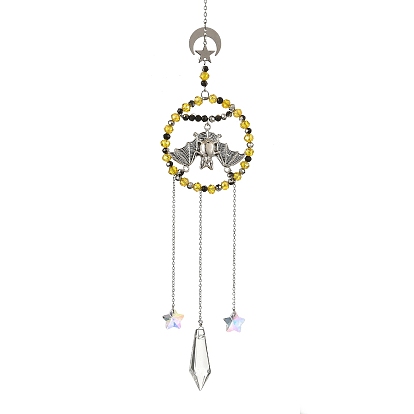 Halloween Bat Alloy Hanging Suncatcher, Moon Star Metal Charm and Glass Beads & Cone Charms for Window Prism Wall Decor