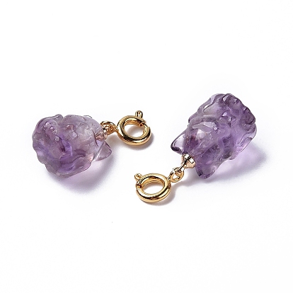 Natural Amethyst Fox Spring Ring Clasp Charms, Rack Plating Brass Spring Ring Clasps