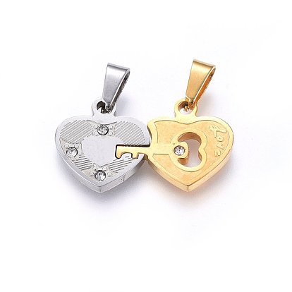 304 Stainless Steel Split Pendants, with Rhinestone, Heart with Key, with Word Love, For Valentine's Day