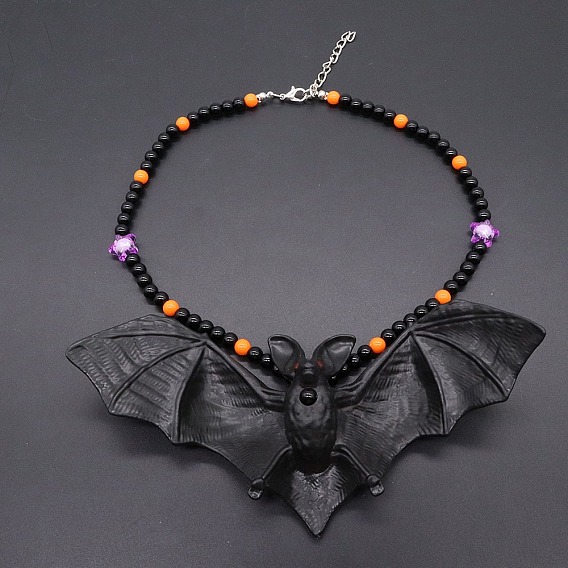 Акриловый кулон в виде летучей мыши на Хэллоуин, ожерелья из пластиковых круглых бусин, с конечными железными цепями, платина
