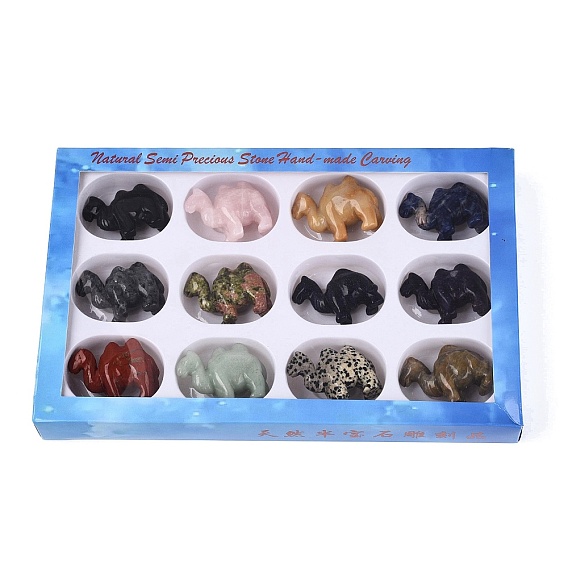 Natural & Synthetic Mixed Gemstone Camel Shape Figurines Set, Ornament for Home Office Desktop Decoration, with Paper Gift Box, Mixed Dyed and Undyed