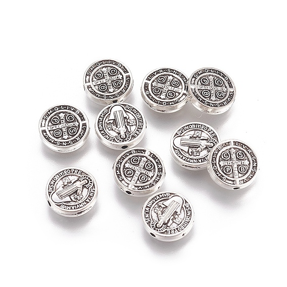 Сплавочные овальные бусины тибетского стиля , плоско-круглые, Святой бенедикт, со словом cssmlndsmd