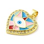 Real 18K Gold Plated Brass Clear Cubic Zirconia Pendants, with Enamel, Heart with Evil Eye