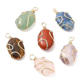 6Pcs Natural Mixed Gemstone Pendants, Oval Charms with Eco-Friendly Light Gold Plated Copper Wire Wrapped
