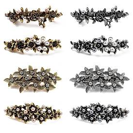 Flower Alloy Rhinestone Hair Barrettes, with Iron and Plastic Imitation Pearl, for Woman Girls