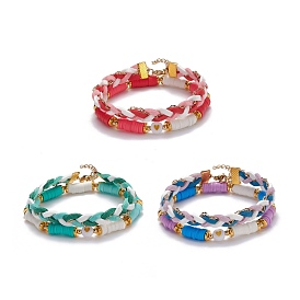 Ensemble de bracelets de perles heishi en argile polymère faits à la main, bracelets en cordon tressé en faux suède, plat rond avec motif coeur bracelets de perles acryliques pour femme, or