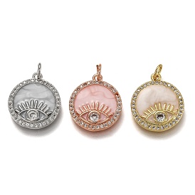 Brass Micro Pave Clear Cubic Zirconia Pendants, Long-Lasting Plated, with Jump Rings & Enamel, Flat Round with Eye
