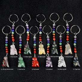 Gemstone Keychain, with Quartz Crystal, Amethyst, Lapis, Aventurine, Red Agate, Red Jasper, Dinosaur