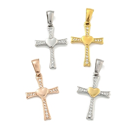 304 Stainless Steel Pendants, with Cubic Zirconia, Cross Charm, Heart