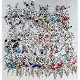 32 piezas 11 colgantes grandes de aleación de estilo tibetano estilo, con cuentas de piedras preciosas y cierre de pinza de langosta, red / tela tejida con pluma