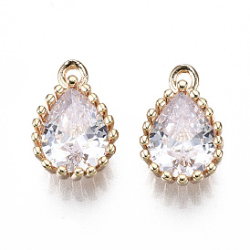 Brass Clear Cubic Zirconia Charms, Long-Lasting Plated, Cadmium Free & Lead Free, Teardrop