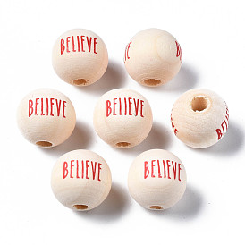 Unfinished Natural Wood European Beads, Large Hole Beads, Printed, Round with Believe