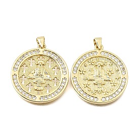 Brass Micro Pave Clear Cubic Zirconia Pendants, Flat Round with Virgen de Juquila Charms, Rack Plating, Long-Lasting Plated, Cadmium Free & Lead Free