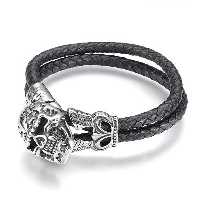 Leather Cord Bracelets, with 304 Stainless Steel Findings, Wolf