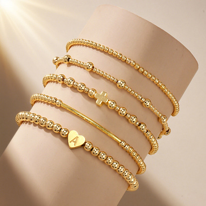 Ensembles de bracelets extensibles en perles de laiton et d'acier inoxydable, Bracelets multicouches ajustables et empilables avec lettre en forme de cœur pour femmes, or