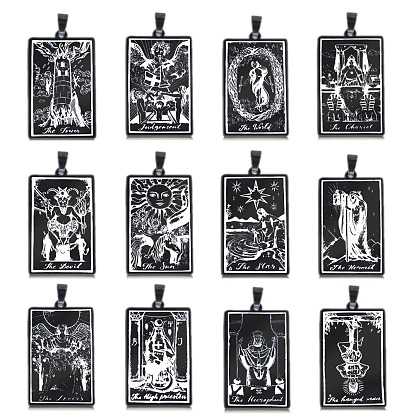 Stainless Steel Pendants, Rectangle with Tarot Pattern, Electrophoresis Black