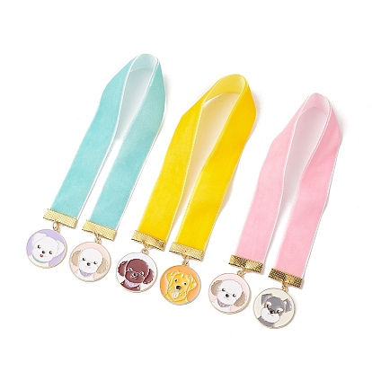 Velvet Ribbon Bookmarks, Alloy Enamel Dog Tag Pendant Bookmark
