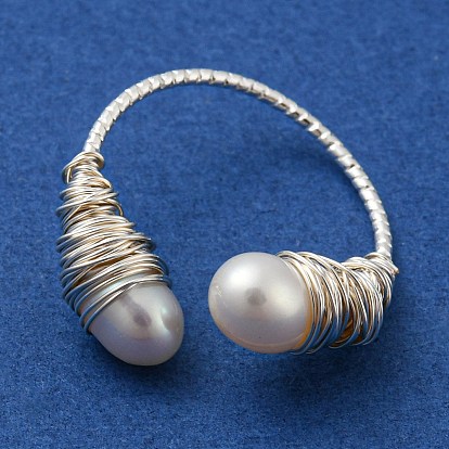 Natural Pearl Cuff Ring, Brass Wire Wrap Finger Ring