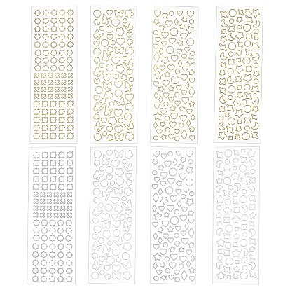 16 Sheet 8 Style Geometric Waterproof Plastic Metallic Stickers, with Self-adhesive, Star & Moon & Round & Butterfly & Heart & Flower, for Notebook Photo Decorations