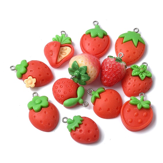 12 шт 12 стили подвески из непрозрачной смолы, клубника, с платиновым тоном железная петля