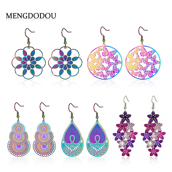 Colorful Stainless Steel Hollow Pattern Earrings, Creative Water Drop Fan Butterfly Tassel Ear Drops for Women