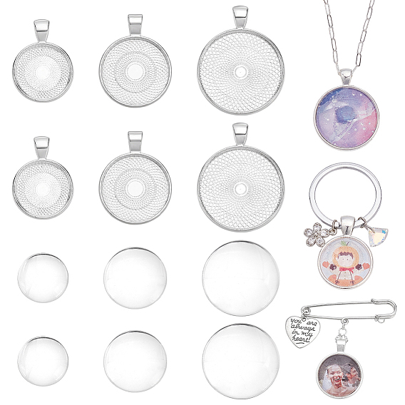 42шт 3 стили подвеска из сплава настройки кабошон, плоско-круглые, со стеклянными кабошонами 42шт. 3 стилей