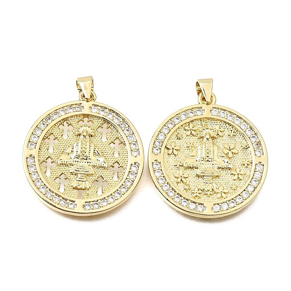 Brass Micro Pave Clear Cubic Zirconia Pendants, Flat Round with Virgen de Juquila Charms, Rack Plating, Long-Lasting Plated, Cadmium Free & Lead Free