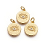 Brass Pendants, with Cubic Zirconia and Jump Rings, Flat Round with Evil Eye, Clear