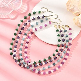 Dyed Natural White Jade Rondelle Beaded Necklaces for Women, with 304 Stainless Steel End Chains and Seed Beads, Golden
