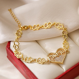 Браслет из латуни с микропаве и прозрачными кубическими циркониями ко Дню матери., браслеты-цепочки для женщин, сердце и слово мама