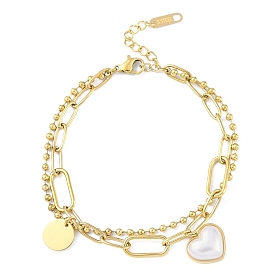 Ion Plating(IP) 304 Stainless Steel Double Layered Bracelets for Women, with Plastic Imitation Pearl and Heart Charms