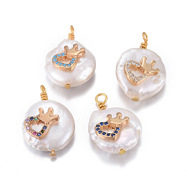 Natural Cultured Freshwater Pearl Pendants, with Brass Cubic Zirconia Findings, Nuggets with Heart and Crown, Golden