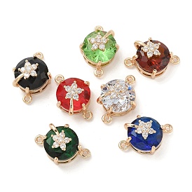 Brass Pave Faceted Glass Flat Round Connector Charms, Clear Cubic Zirconia Flower Links, Real 18K Gold Plated