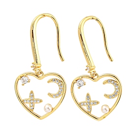 Cubic Zirconia Heart with Star Dangle Earrings with Plastic Pearl Beaded, Real 18K Gold Plated Brass Earrings, Cadmium Free & Lead Free
