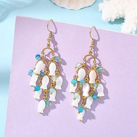 304 Stainless Steel & Natural Freshwater Shell & Agate Cluster Chandelier Earrings for Women, Fish & Round