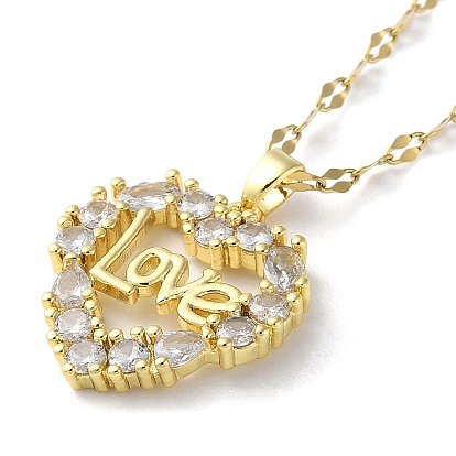 Heart with Word Love Brass with Rhinestone Pendant Necklaces, with 201 Stainless Steel Dapped Chains