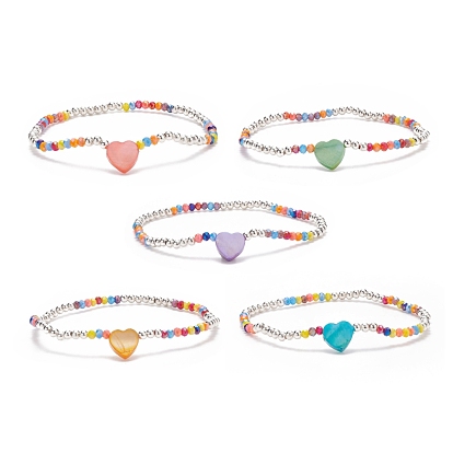 Natural Shell Heart Beaded Stretch Bracelet with Glass for Women