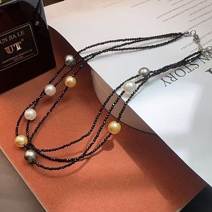 Faceted Round Glass Beaded 3-Strand Necklaces for Women, with Imitaiton Pearl, Platinum