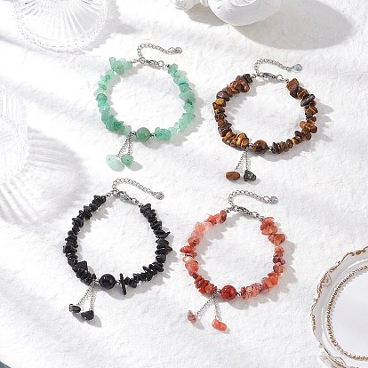 4Pcs Natural Mixed Gemstone Chip Beaded Charm Bracelets for Women, with 304 Stainless Steel Findings