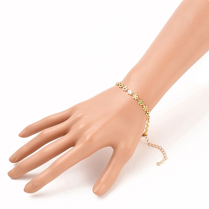 Brass Enamel Flower Link Chain Bracelets, with 304 Stainless Steel Lobster Claw Clasps, Colorful
