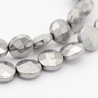 Electroplate Non-magnetic Synthetic Hematite Bead Strands, Faceted Flat Round, 8x4mm, Hole: 1mm, about 48pcs/strand, 15.1 inch