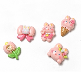 Cartoon Opaque Resin Cabochons, for Jewelry Making, Pink, Ice Cream/Flower/Bowknot/Rabbit Pattern