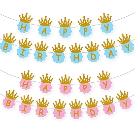 Crown Paper Flags, Word Happy Birthday Hanging Banner, for Party Home Decorations