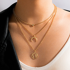 Geometric Hollow Pendant Triple Layer Necklace with Crescent Moon and Heart Multi-layer Neck Chain