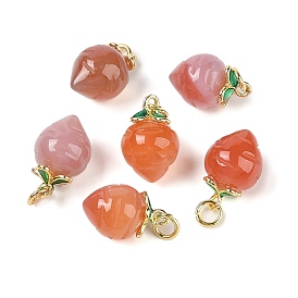 Mango/Strawberry/Carrot Natural Agate Pendants, with Brass Enamel Leaf, Fruit/Vegetables Charms, Golden