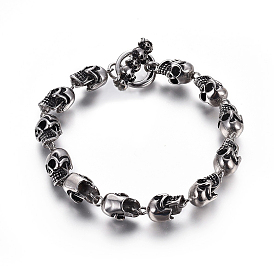 304 Stainless Steel Link Chain Bracelets, with Toggle Clasps, Skull
