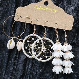 Gold Shell Dreamcatcher Flower Earrings Set - Creative, Personalized, Bohemian Ear Drops.