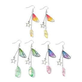 3 Pairs 3 Colors Dyed Natural Quartz Crystal Dangle Earrings, Resin Wings with Alloy Star Long Drop Earrings